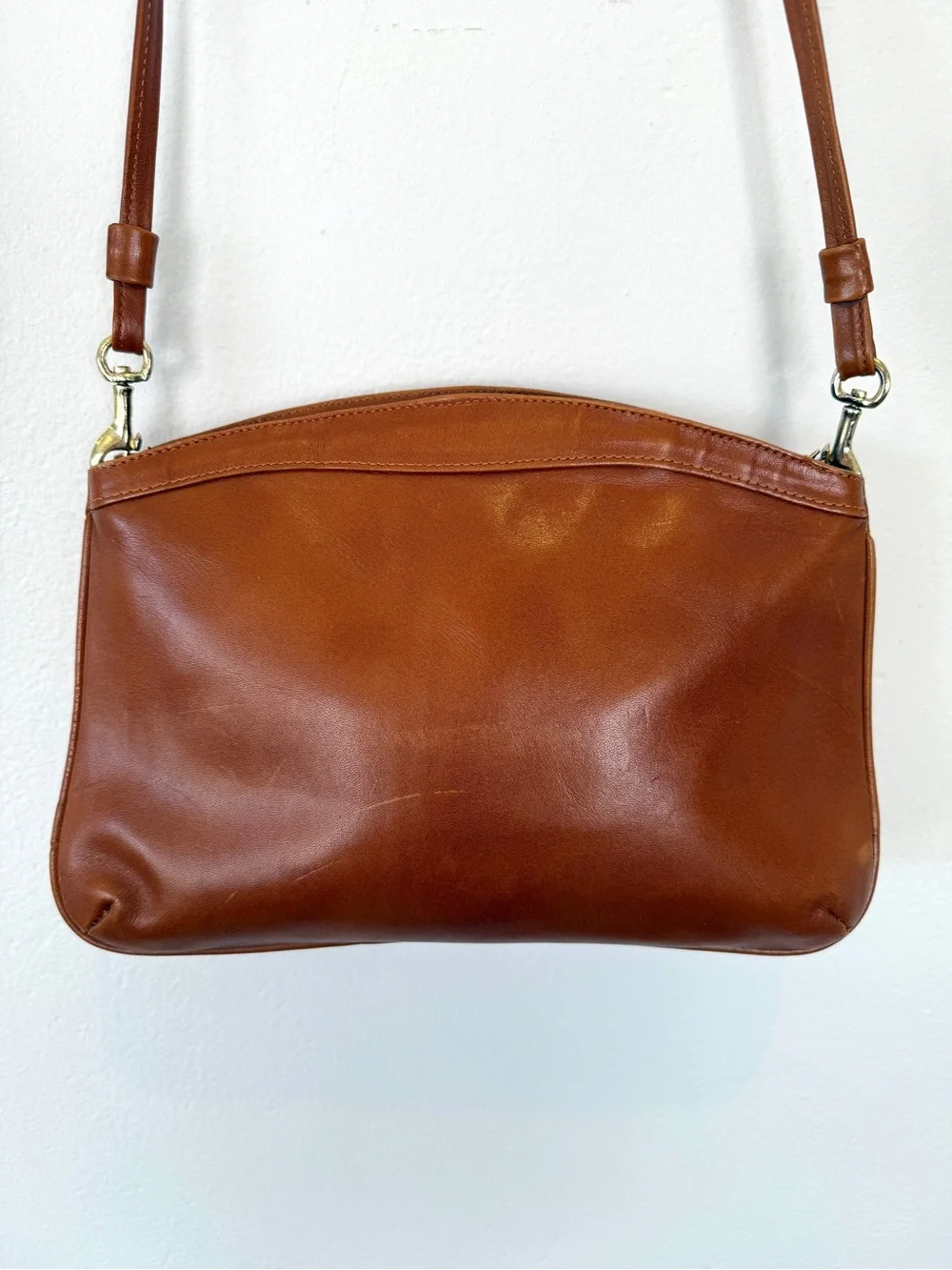 Vintage Brown Leather Double Zip Crossbody Shoulder Bag Purse